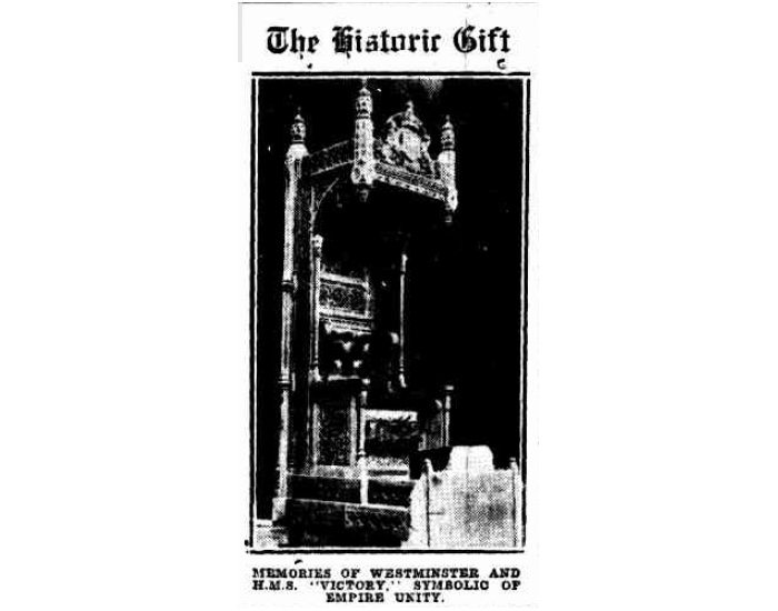 Black and white newspaper clipping with the heading 'The Historic Gift', with a photograph of the Speaker's Chair.