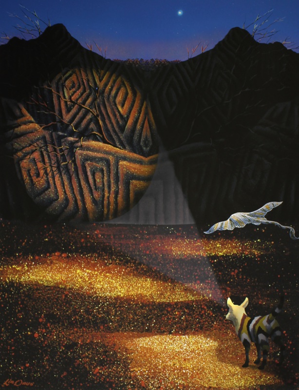 A painting of a dingo, coloured with red, white and black stripes, shining a light onto a wall pattered with diagonal spirals, and accompanied by a stingray flying nearby.