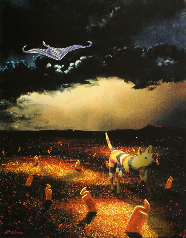 A painting of a dingo, coloured with red, white and black stripes, walking through a desert with orange toilet cleaner bottles coming out of the ground, as a stingray flies overhead in a dark cloudy sky.