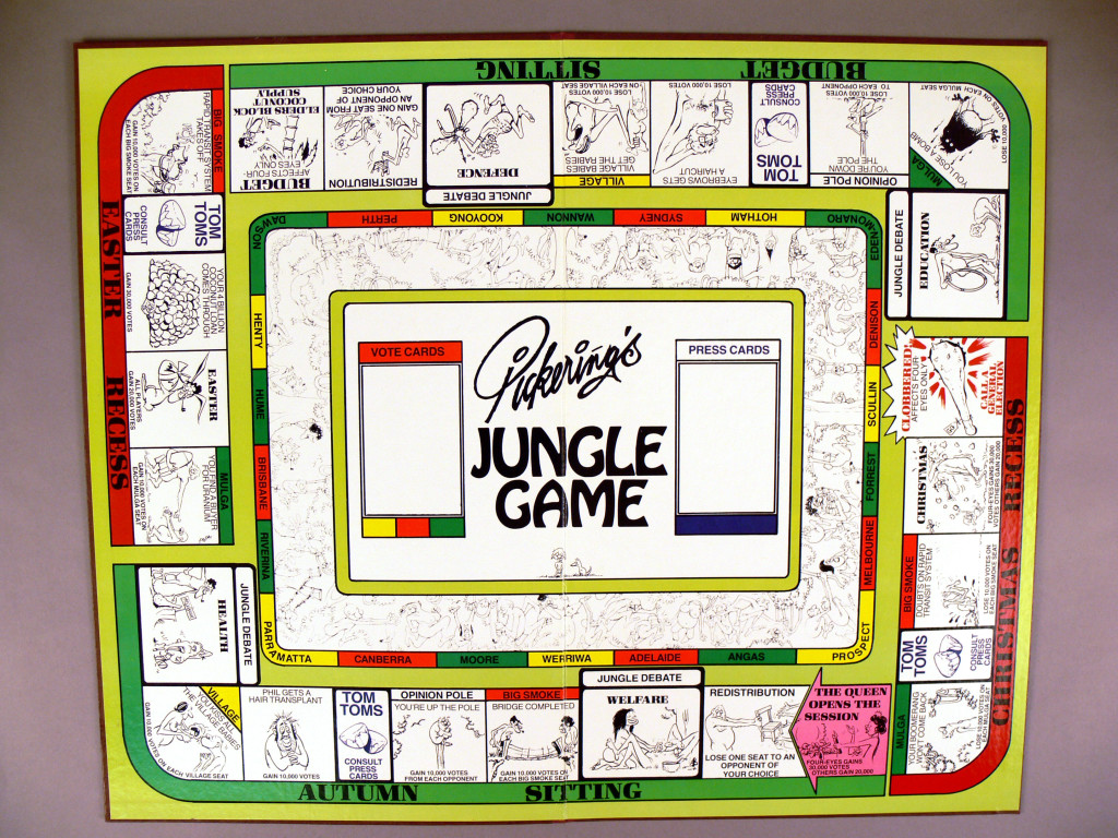 A colourful board game entitled 'Pickering's Jungle Game', illustrated with various political figures and themes.