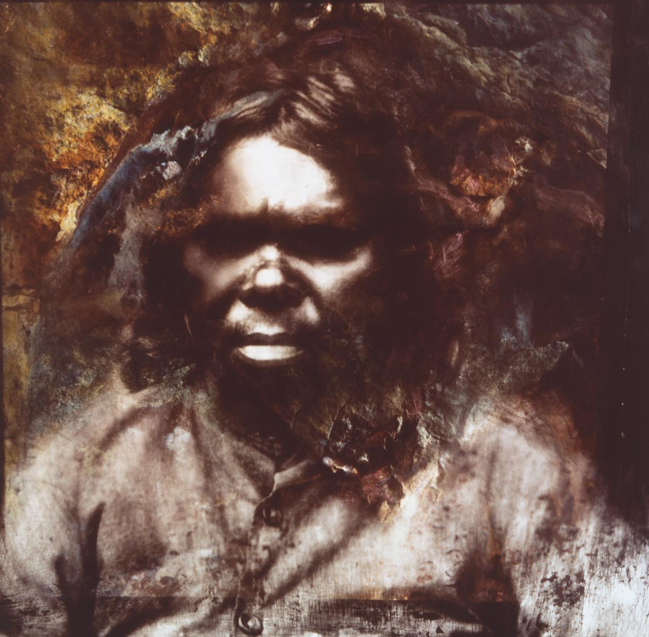 Brown and orange patterned artwork using a photograph of an Indigenous Australian person wearing a button-up shirt.