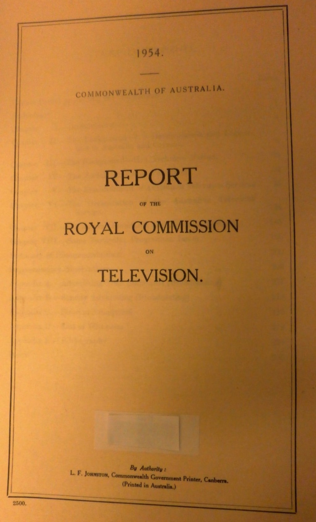 A yellow cover page with the title 'Report of the Royal Commission on television.