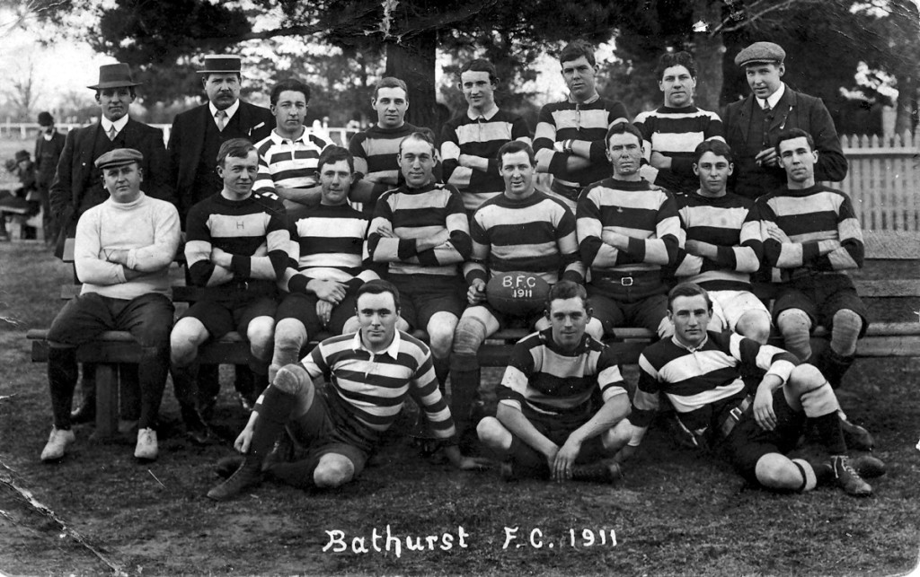 A black and white team photo of Bathurst Football Club in 1911.