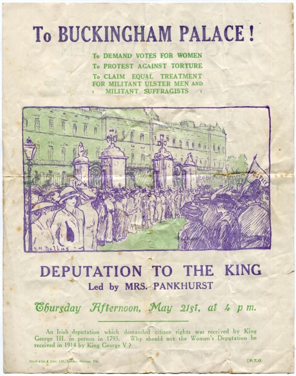 A leaflet printed in green and purple text entitled 'To Buckingham Palace' and illustrated with a sketch depicting a crowd of women marching.