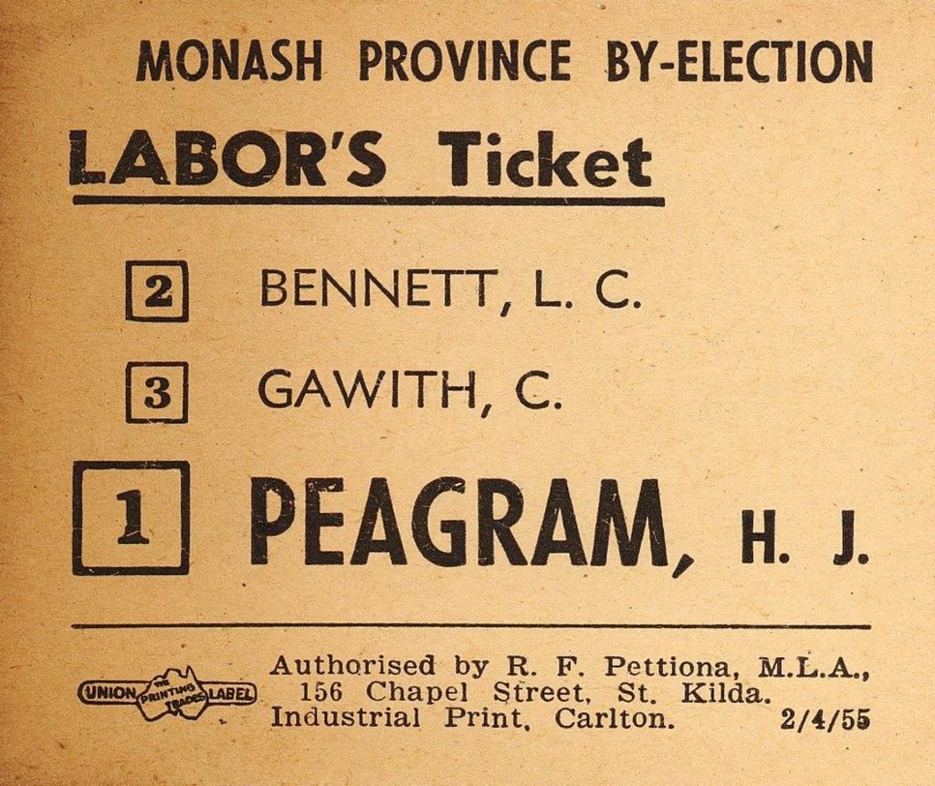 A Labor how-to-vote card for the Monash province by-election, with a '1' next to 'Peagram, H.J.'