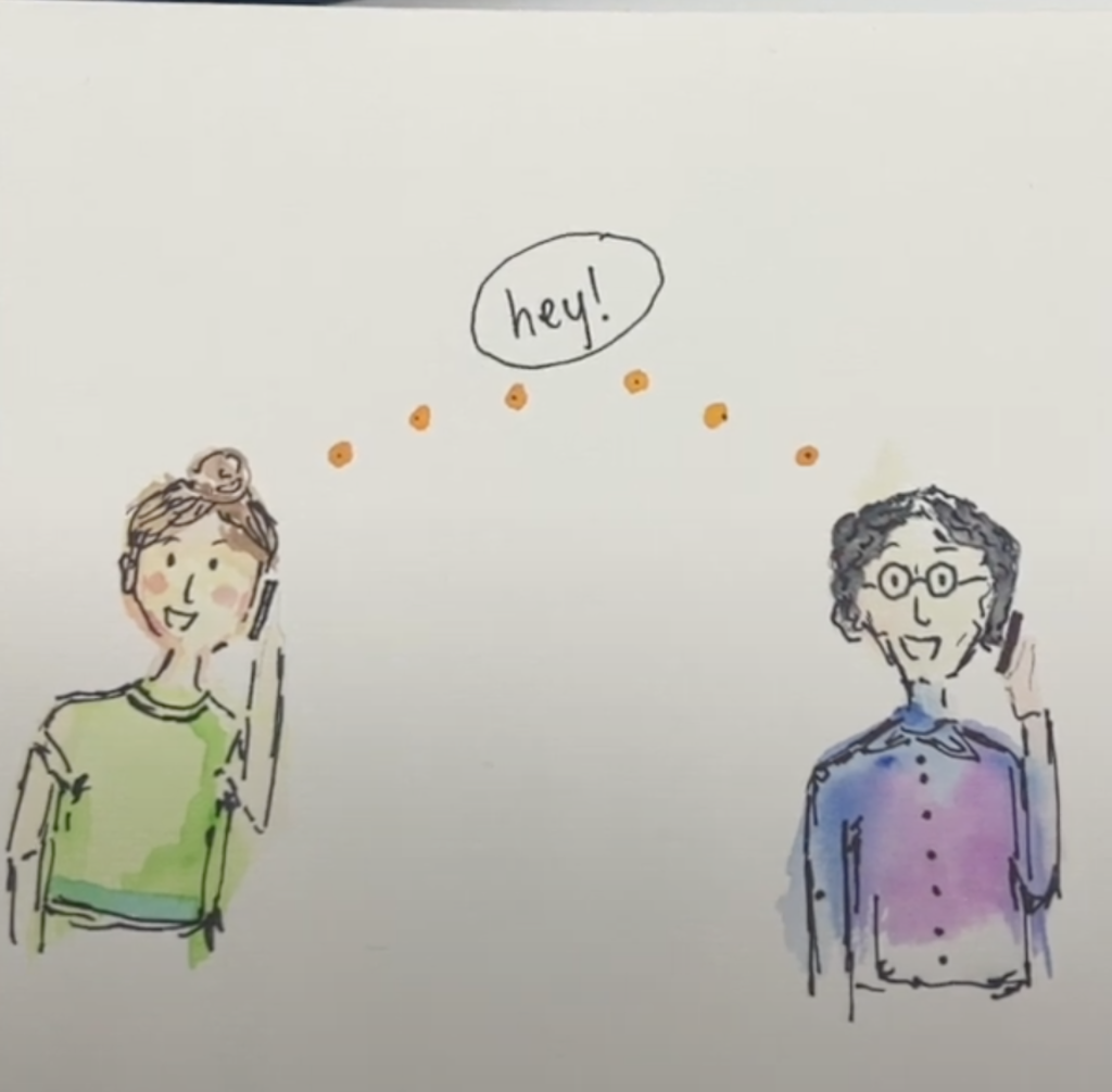 An illustration of two people talking on the phone. A speech bubble between them says 'hey'.