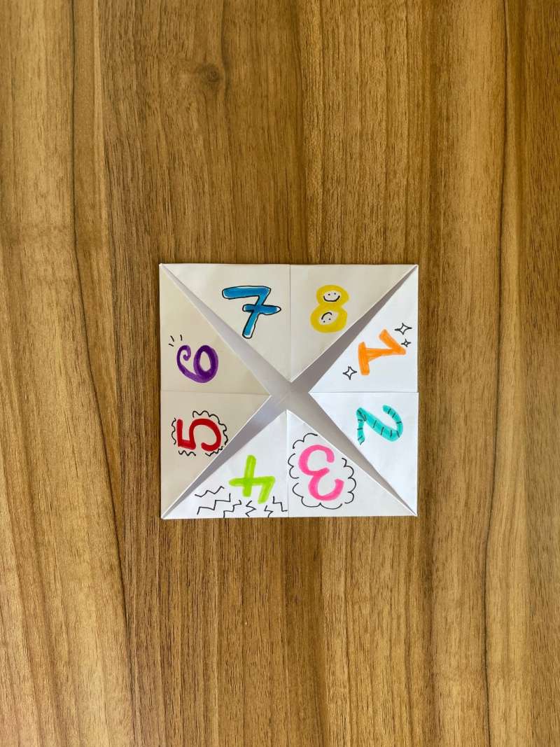 A piece of paper with 4 triangles meeting in the middle with numbers in texta written around the edges. 