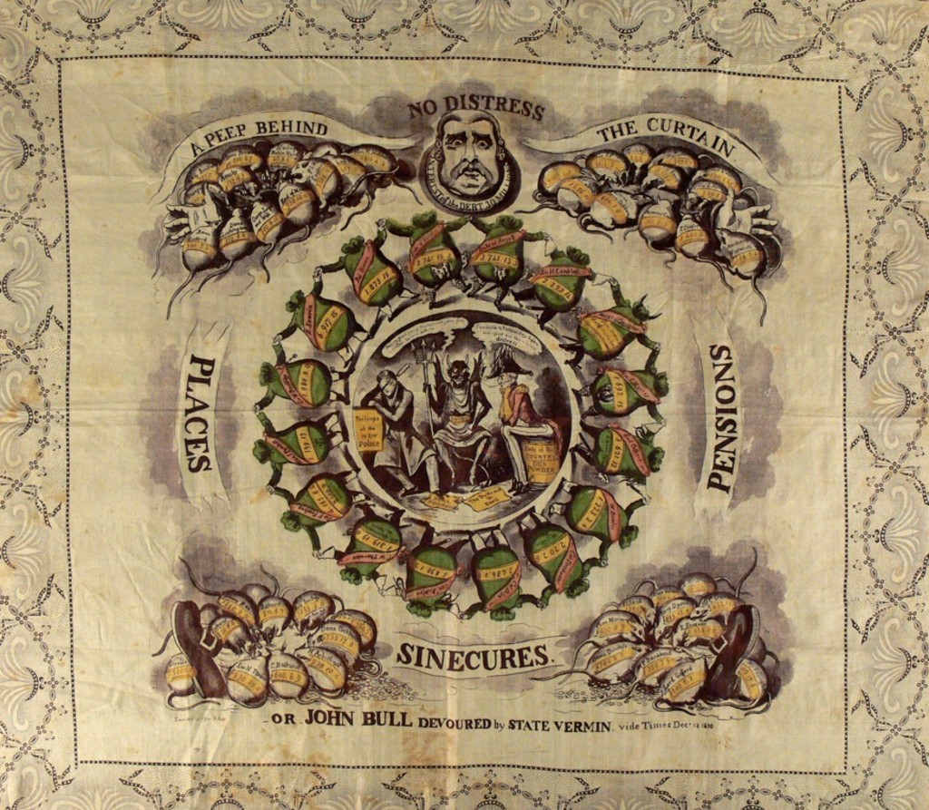 A silk handkerchief, with an ornate patterned border, and an illustration depicting a man being eaten alive by rats whilst a circle of green money bags dances in a ring.