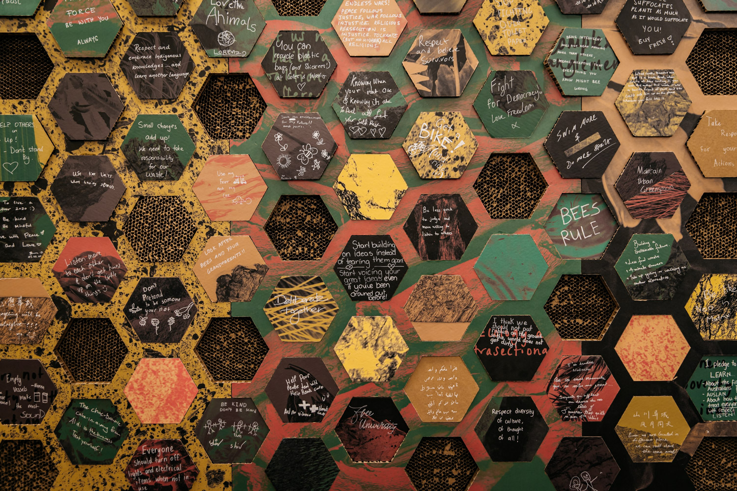 A cardboard installation of a wall with intersecting honeycomb shapes with words written in texta on them with slogans such as 'fight for democracy, love freedom'.