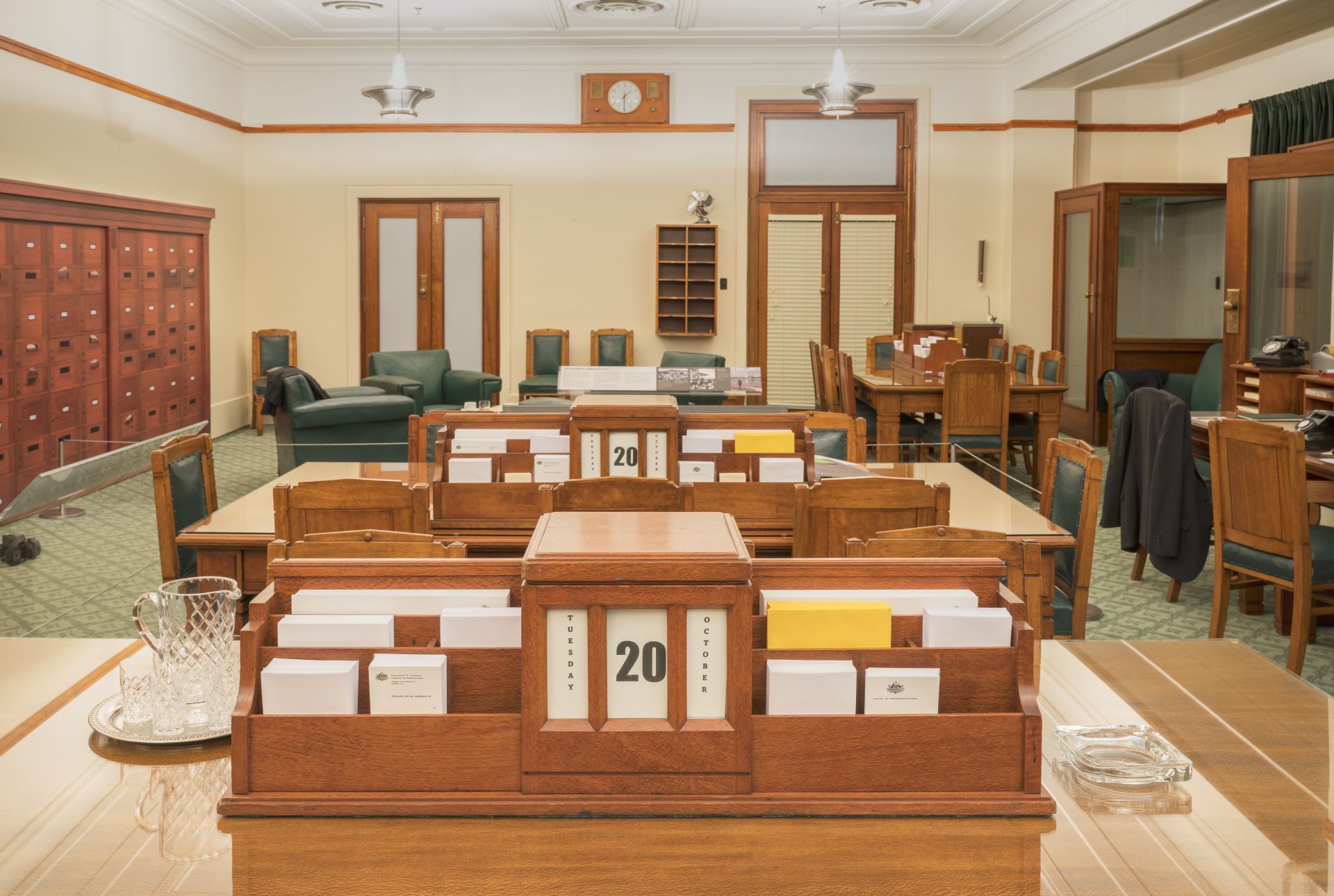 Timber units in the Government Party Room held stationery and a clever system for displaying today’s date. Photograph of the Government Party Room