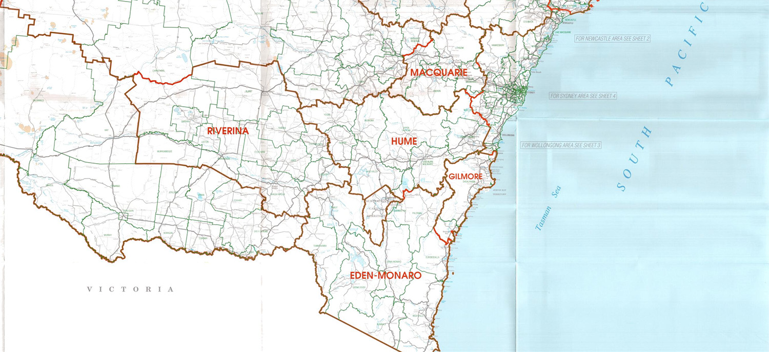 Map section of New South Wales showing the borders of its federal seats.