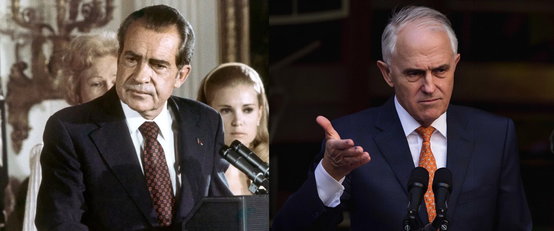 Photograph of Richard Nixon next to a photograph of Malcolm Turnbull, each addressing an audience in front of microphones.