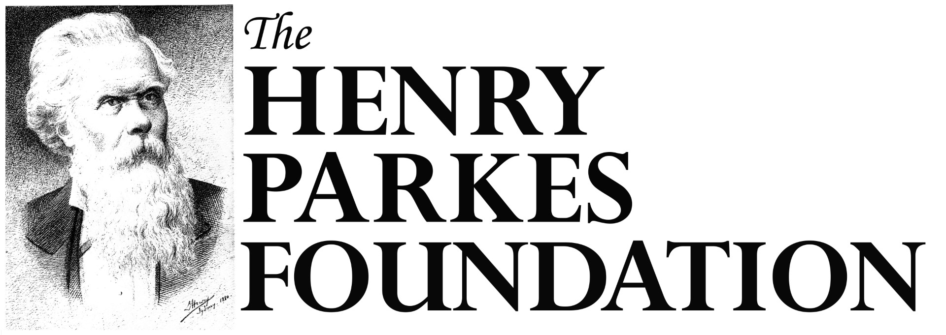 A black and white logo with the words Henry Parkes Foundation and a black and white drawing of a man's face with a beard. 