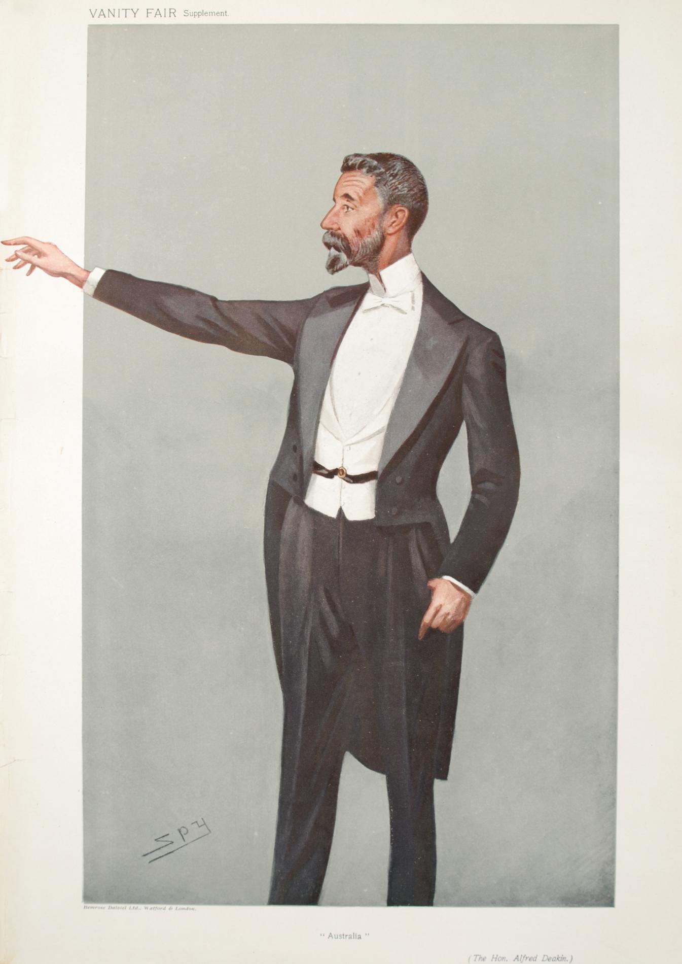 Caricature of Alfred Deakin, wearing a formal suit and white bow tie, white waist coat and black coat with tails, looking out past an outstretched right arm.