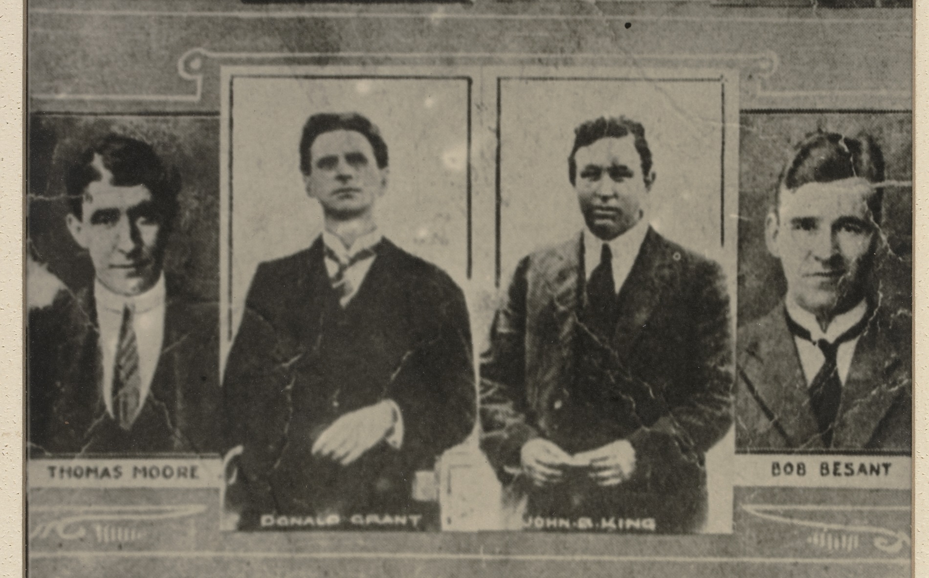 Detail of a black and white thumbnail image of unionists Thomas Moor, Donald Grant, John B King and Bob Besant.