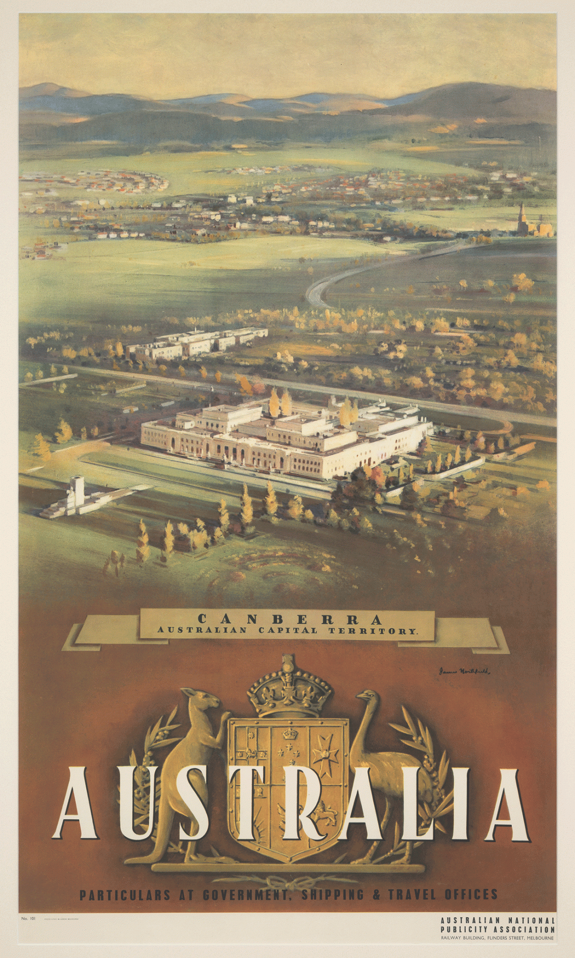 An illustrated travel poster showing an aerial view of Old Parliament House, a large white building, surrounded by green land. The Australian coat of arms is on the bottom with the word Australia over the top. There are also the words Canberra, Australian Capital Territory along the bottom. 