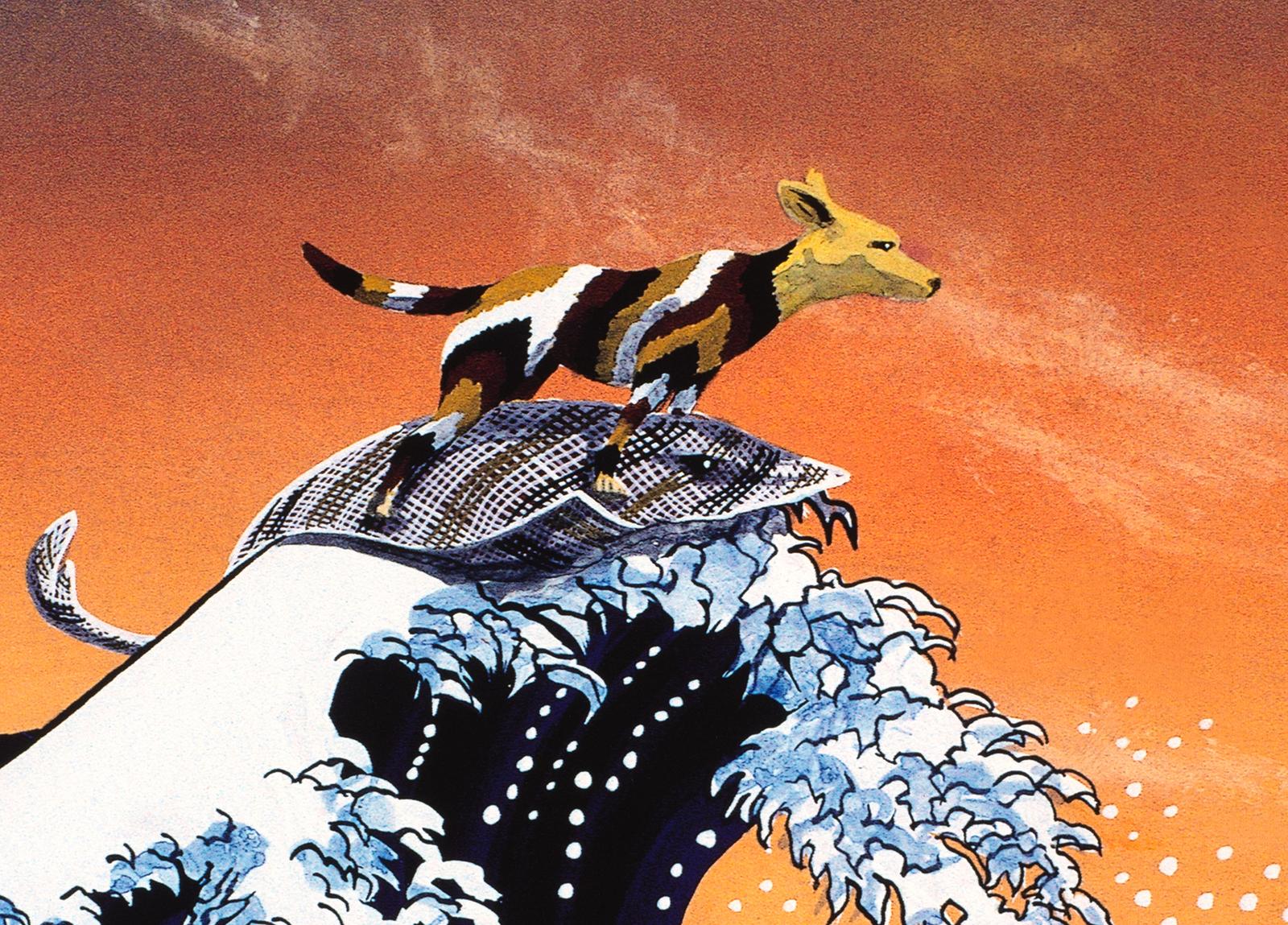 A painting of a dingo, coloured with red, white and black stripes, riding a stingray on top of a wave.