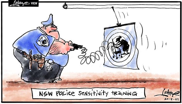 A police officer fires a taser at a moving target featuring the silhouette of an elderly woman. The text 'NSW Police sensitivity training' appears below. 