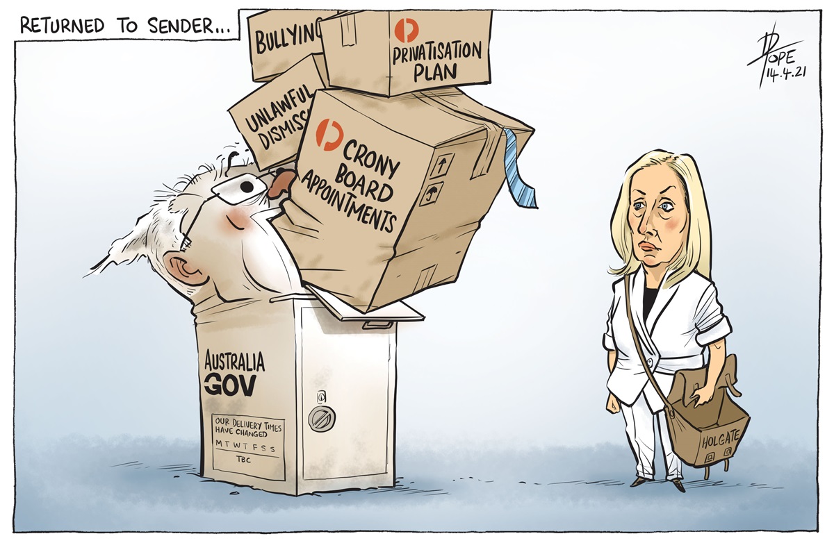 Christine Holgate is dressed in white carrying a mail satchel. Scott Morrison is a postage box, with boxes labelled 'Bullying, crony board appointments, privitisation plan, unlawful dismissal'.