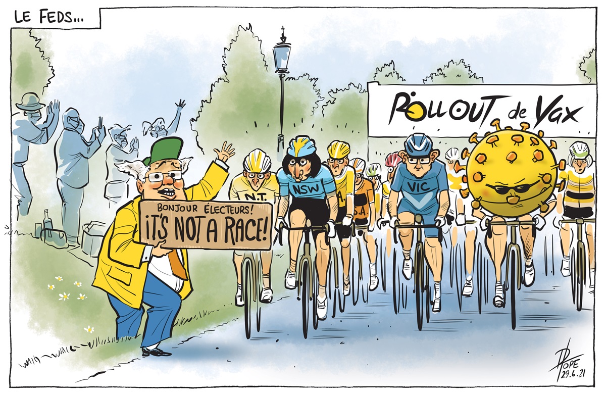 Scott Morrison holds a carboard sign saying, 'Bonjour electeurs! It's not a race!' Cyclists with Australian states on their bibs try to cycle past. COVID is also on a bike. 