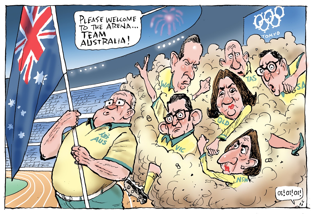 Trackside at the Olympics. Scott Morrison in a green and gold uniform holds the flag, with all the state premiers brawling behind him. 