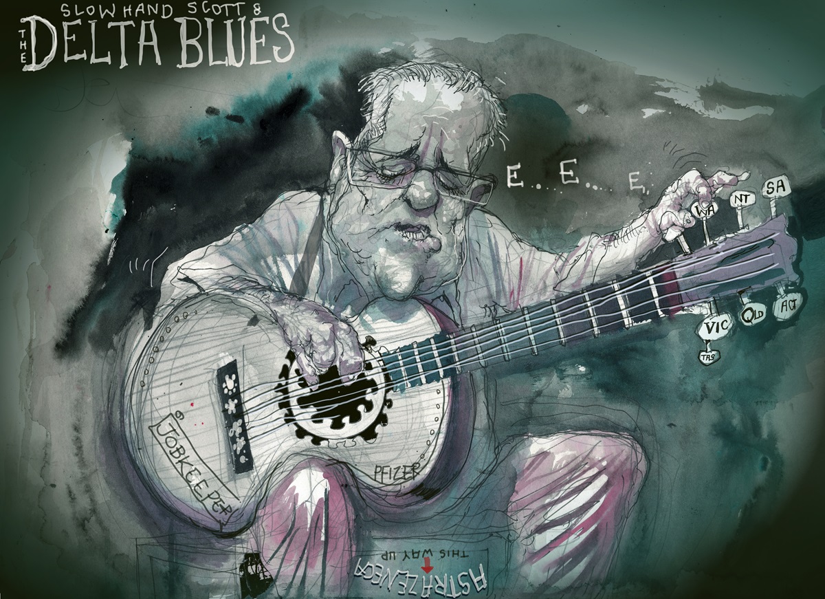 A despondent Scott Morrison tunes a guitar with the strings labelled as each of the states and territories. Text reads, 'Slow Hand Scott and The Delta Blues'.