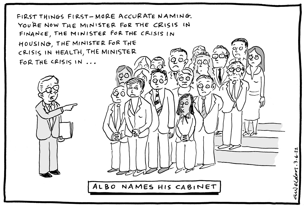 Anthony Albanese points at his cabinet, naming each of them the 'Minister for the crisis in ....' for their respective portfolios.