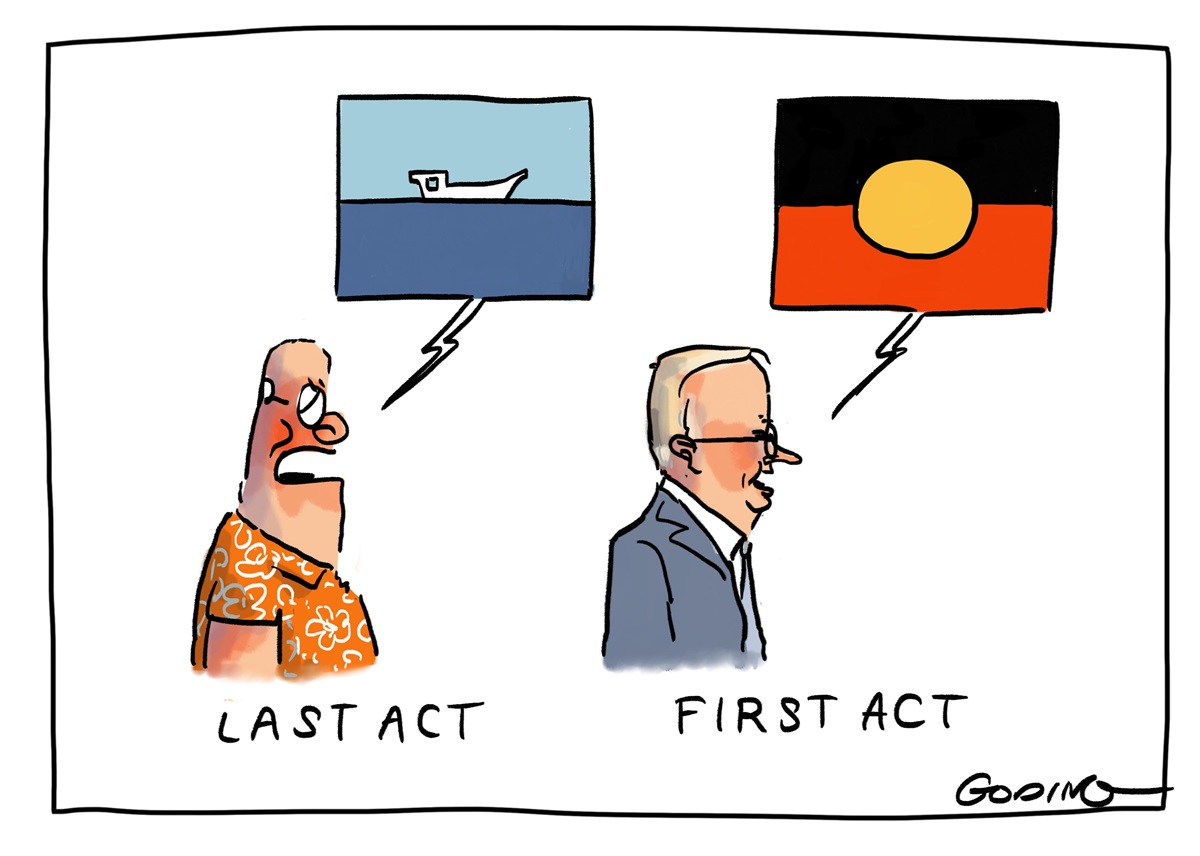 Scott Morrison with the text 'Last act' and a picture of a boat on the sea. Anthony Albanese with the text 'First act' and the Aboriginal flag.