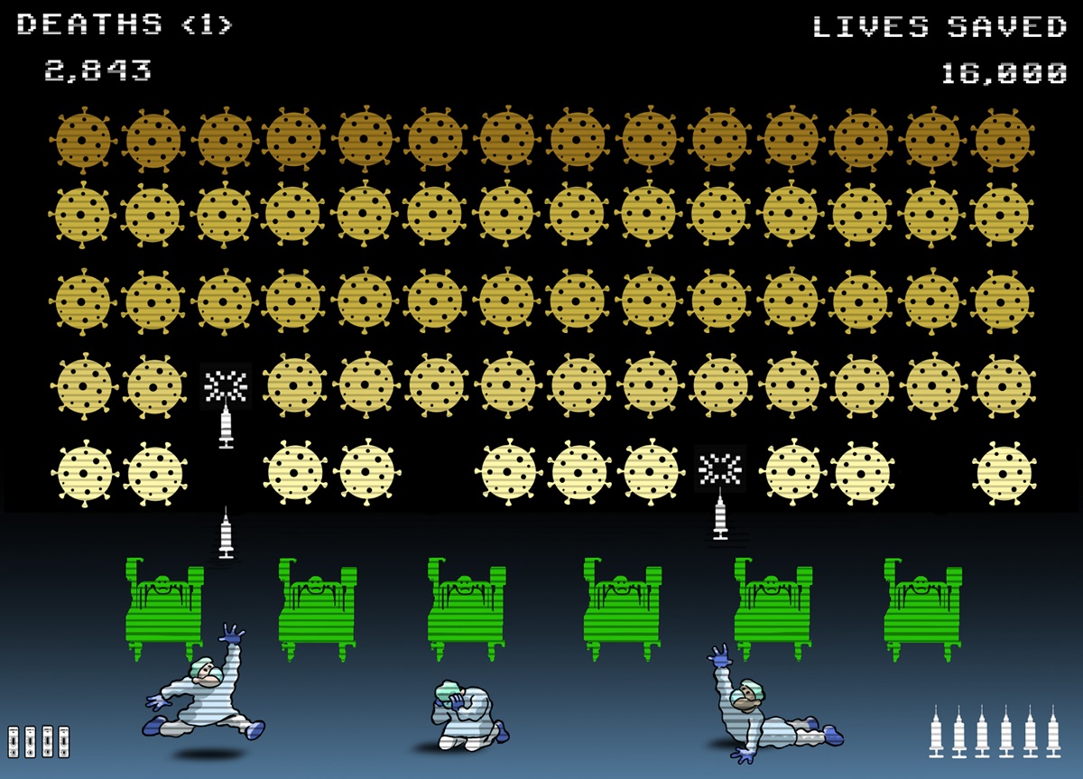 In the style of the game 'Space Invaders' hospital workers throw vaccine syringes at the virus. 'Deaths' and 'Lives Saved' are in the top corners.