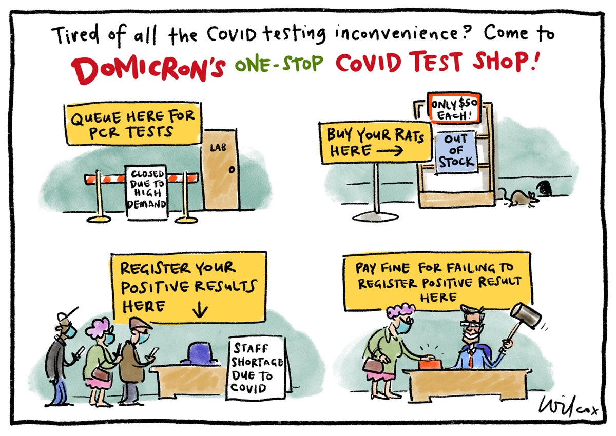 Four images depicting people trying to access COVID-19 tests and results. COVID impacts all stages, except the stage to pay a fine for not registering a positive result. 