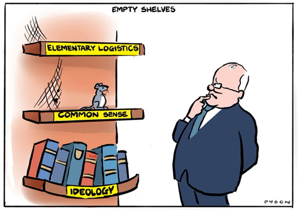 Scott Morrison looks at three shelves. The top two, titled 'Elementary logistics' and 'Common sense' are empty. The bottom shelf, titled 'Ideology', is full of books and buckling under the weight.