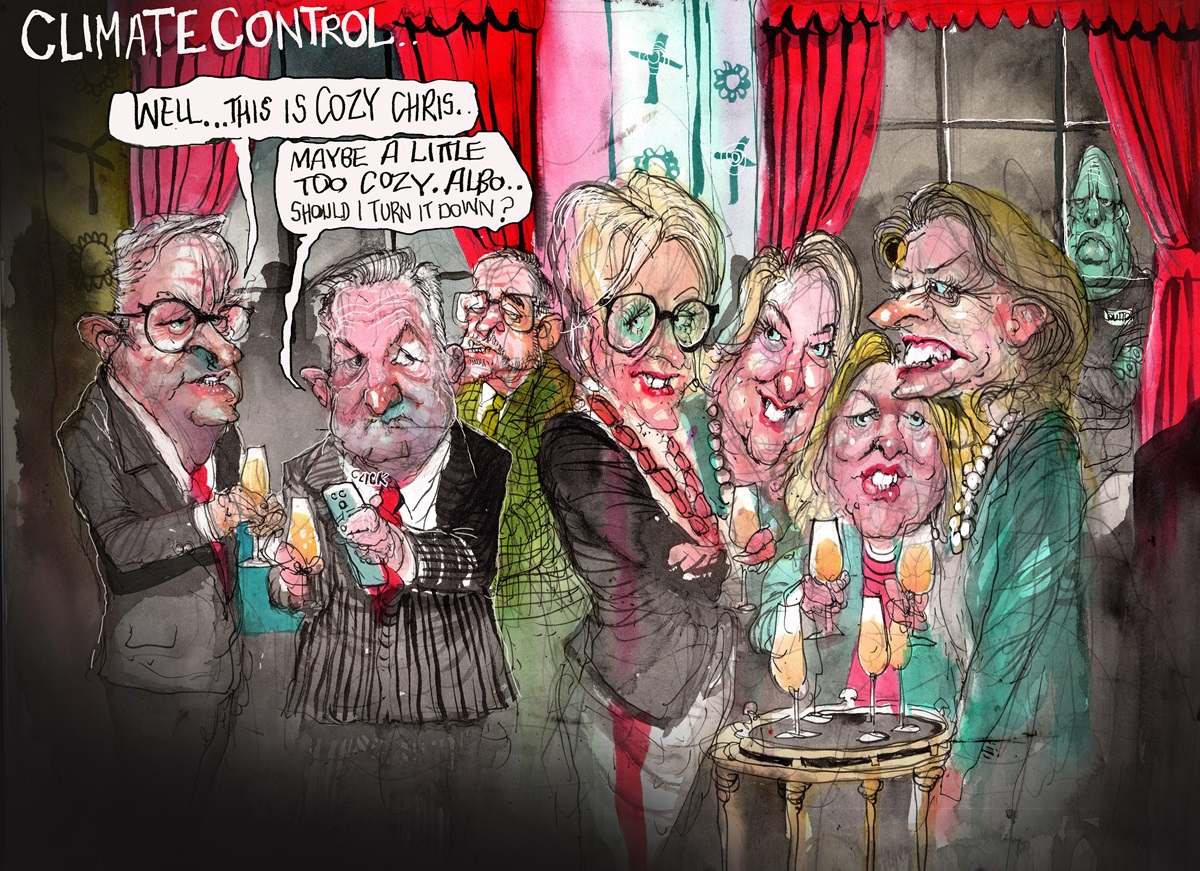 A cocktail party with red curtains. Independent MPs stand together. Anthony Albanese and Chris Bowen stand together saying how 'cozy' it is. Bowen asks whether he should turn the temperature down.