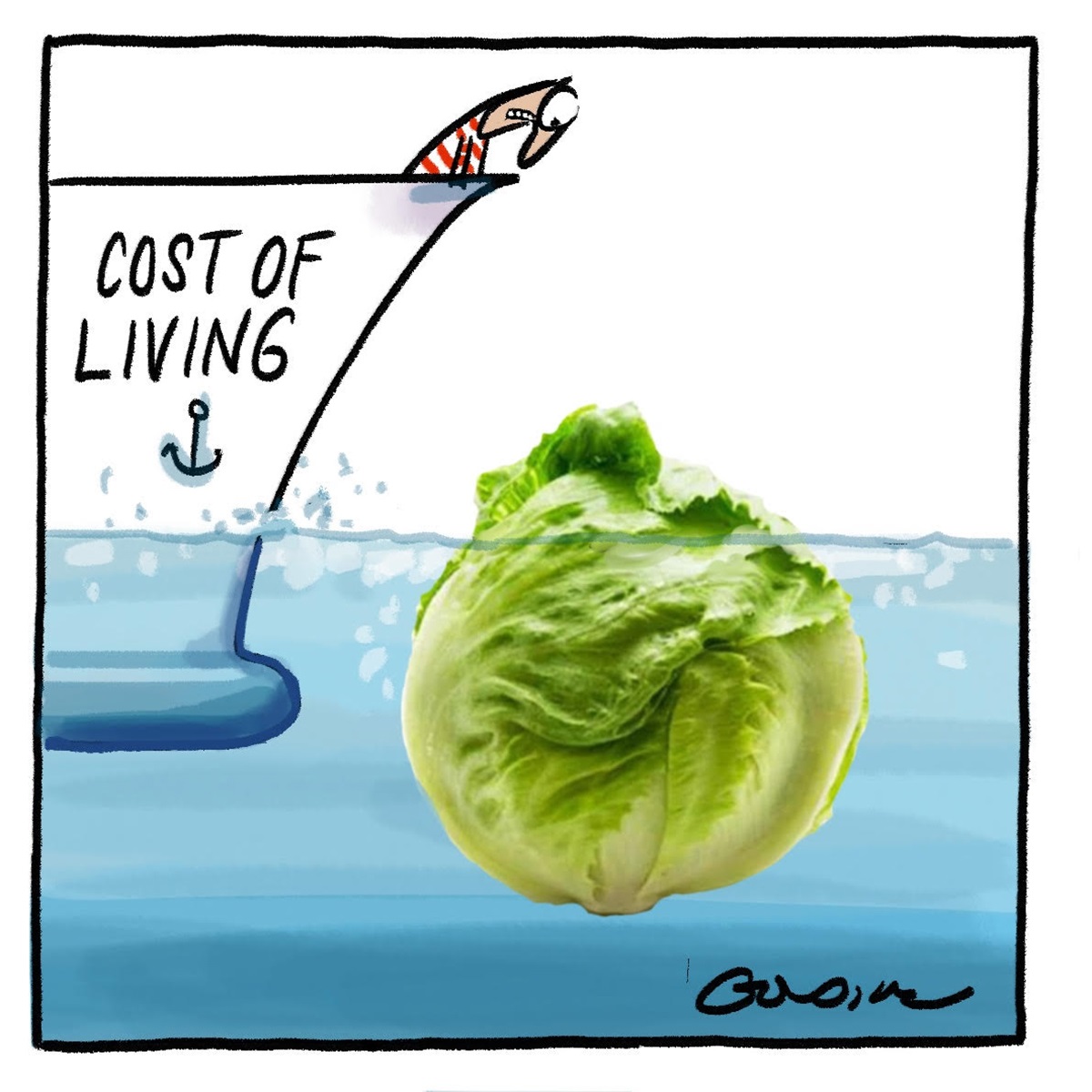 A man looks over the edge of the ship 'Cost of Living'. He is looking at an iceberg lettuce.