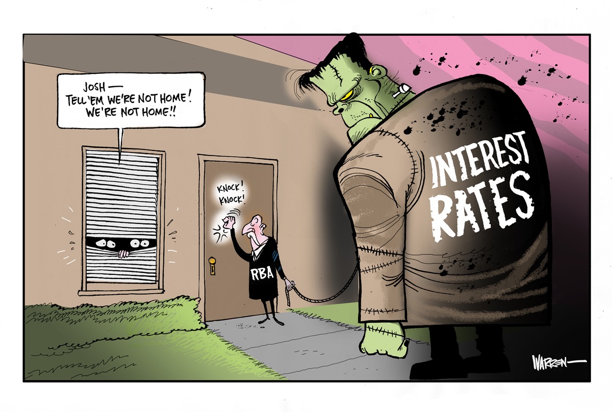 A man wearing an 'RBA' jacket leads Frankenstein wearing an 'Interest Rates' jacket to a door, where he knocks. Two sets of eyes peek out through the window. One says to 'tell 'em we're not home'.