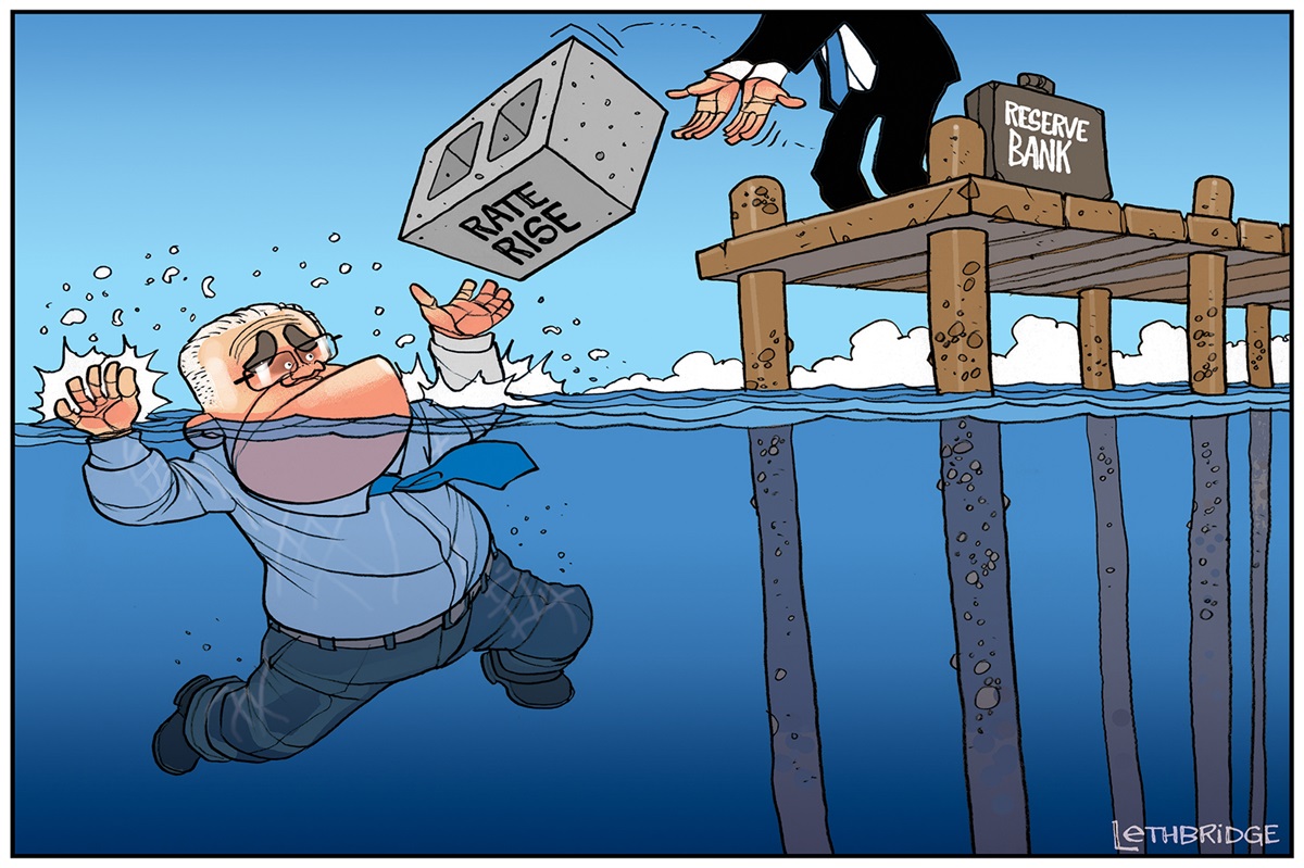 A man in a suit with a briefcase titled 'Reserve Bank' throws a 'Rate Rise' brick off a jetty onto Scott Morrison, who is in the ocean.