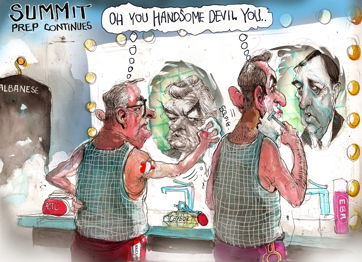 Jim Chalmers and Anthony Albanese are at a bathroom vanity. They wipe the mirror to reveal reflections of Paul Keating and Bob Hawke. They think, 'Oh you handsome devil you...'