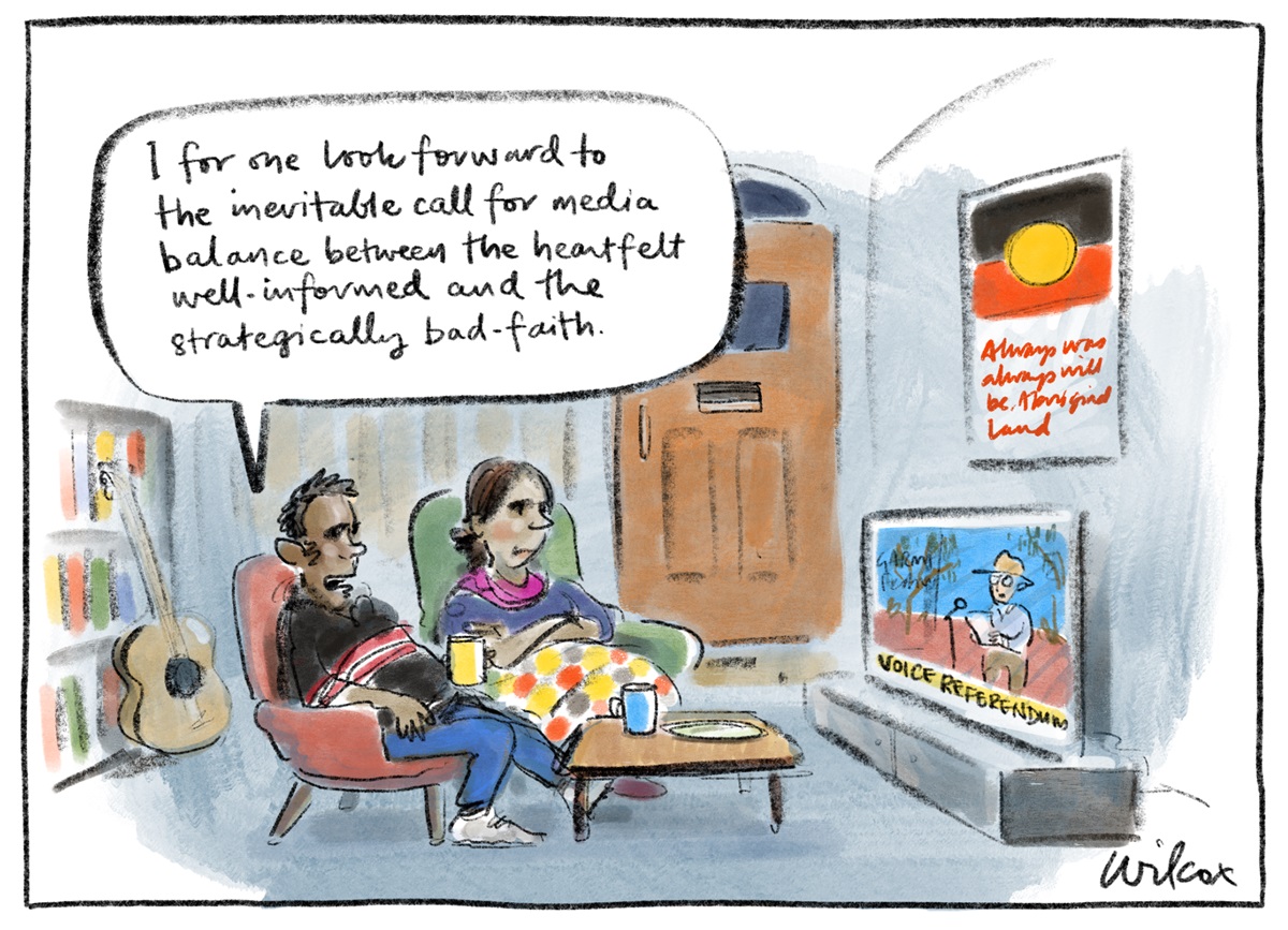 Two people sit watching TV, Anthony Albanese is on the screen. An Aboriginal flag is above the TV. Text reads, 'I for one look forward to the inevitable call for media balance between the heartfelt well-informed and the strategically bad-faith.'