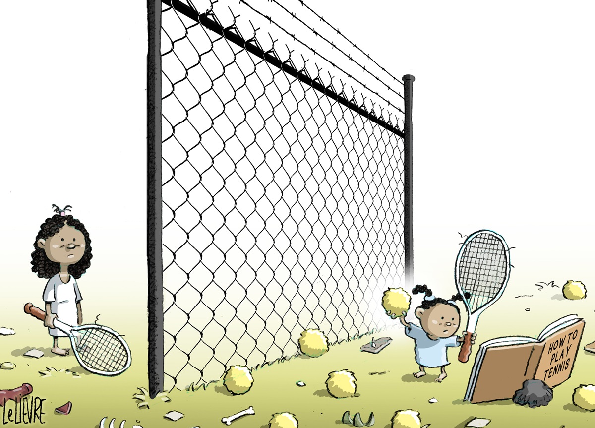 A child with a tennis racquet is looking at a 'How to play tennis' book. Barbed wire fence acts as a net. The mother is on the other side looking dejected, also holding a tennis racquet. 