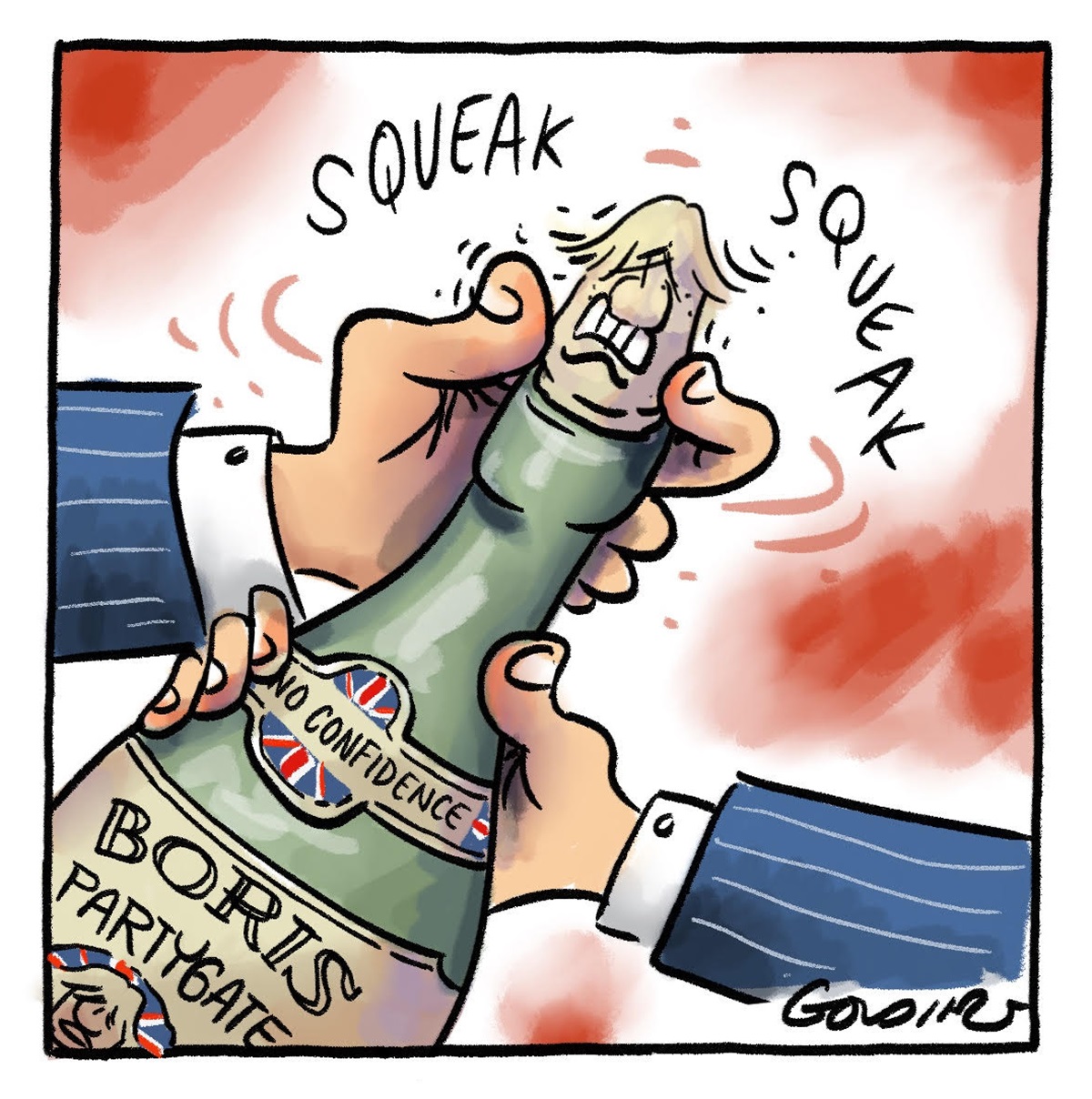 Champagne bottle with Boris Johnson's head as the cork is being popped. It says, 'Boris Partygate' and 'No Confidence' on the bottle.