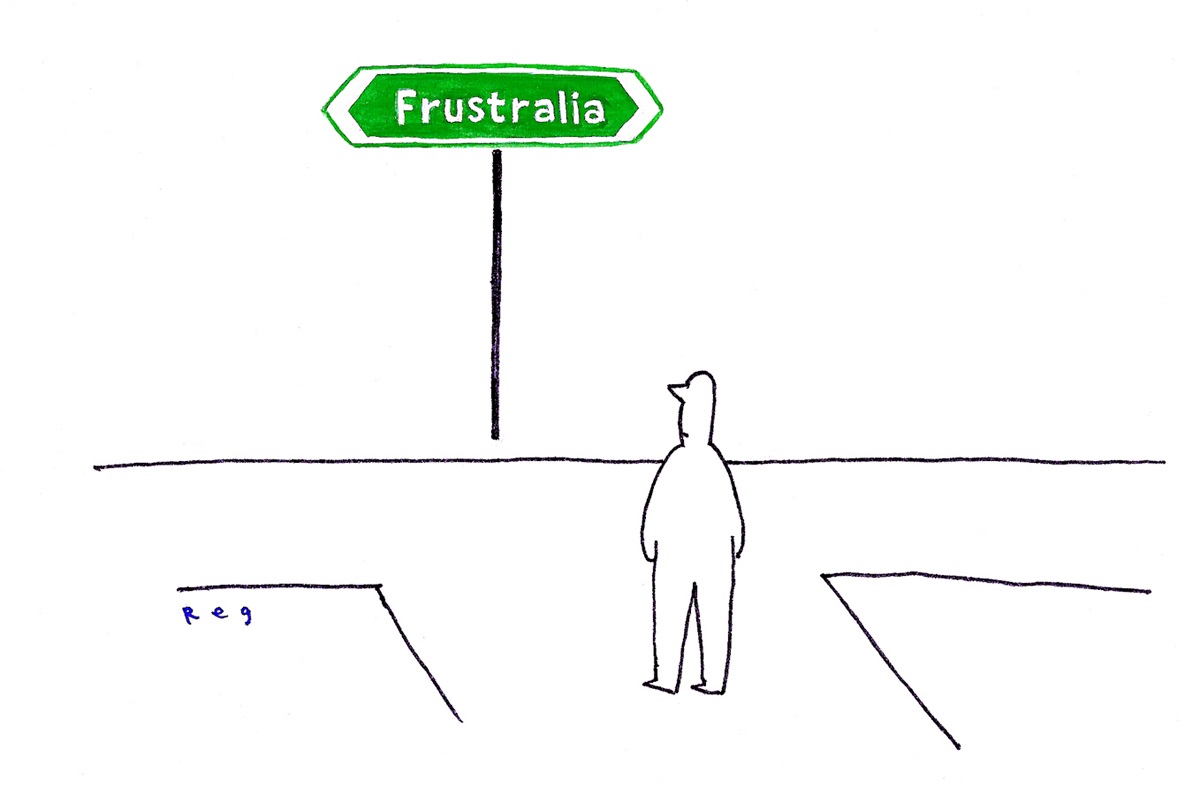 A man is at a crossroads looking up at a sign that says, 'Frustralia'. 