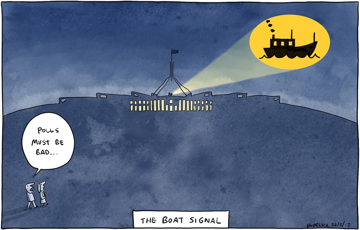 A darkened Parliament House displays a Batman-like signal but of a boat, 'The Boat Signal'. Two people walking past comment, 'Polls must be bad...'