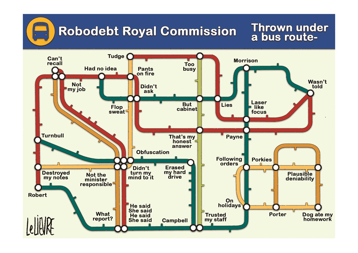 A colourful bus map representing the Robodebt Royal Commission.