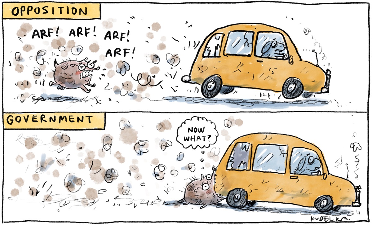 Two panels. First panel titled 'Opposition', a dog wearing glasses chases a car. Second panel titled 'Government', the dog catches the car and thinks, 'Now what?'