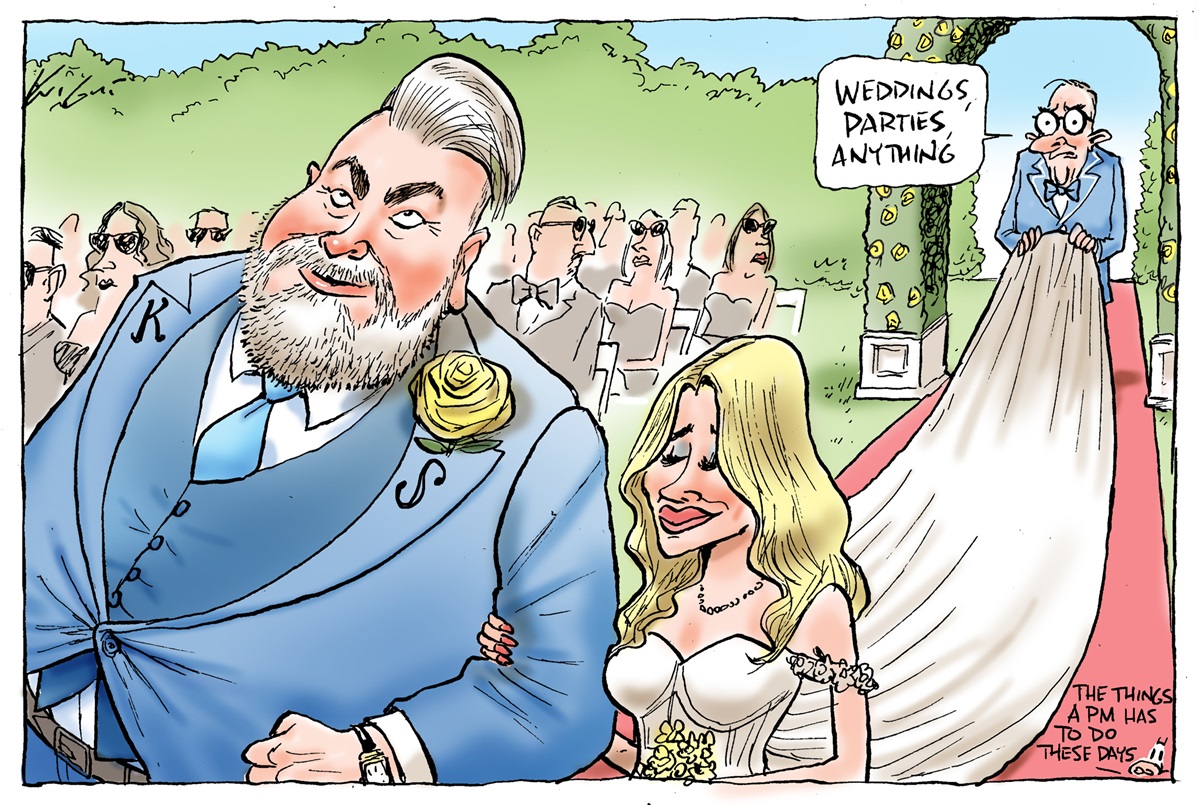 Anthony Albanese says, 'Weddings, parties, anything' as he holds the bridal train for Tegan Kynaston, who is on the arm of Kyle Sandilands at their wedding. Guests wear sunglasses.