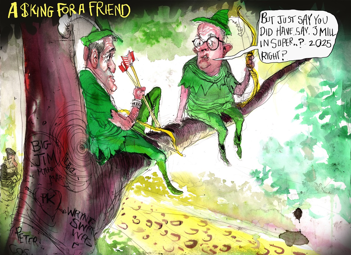 Jim Chalmers and Anthony Albanese dressed in green as Robin Hood characters sit in a tree. Albanese asks, 'But just say you did have, say, 3 mill in super..? 2025 right?'