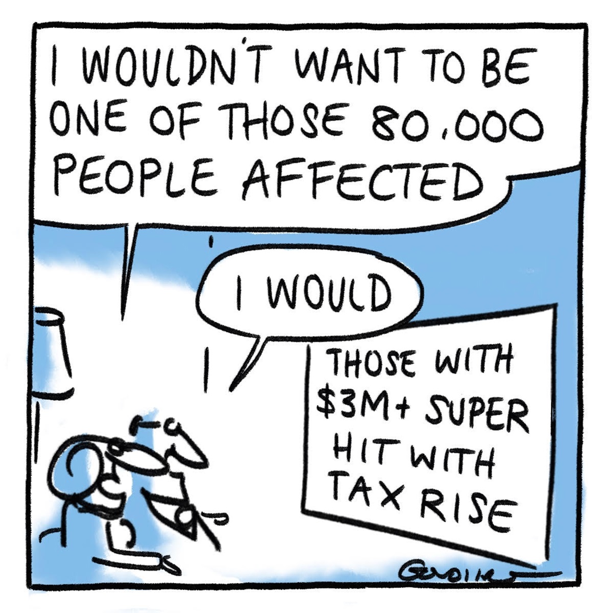 Two people watch TV, one says, 'I wouldn't want to be one of those 80,000 people affected'. The other replies, 'I would.' On the screen: 'Those with $3M+ super hit with tax rise'.