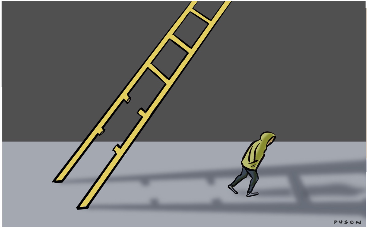 A person wearing a hooded top walks under a ladder with the bottom two rungs missing.