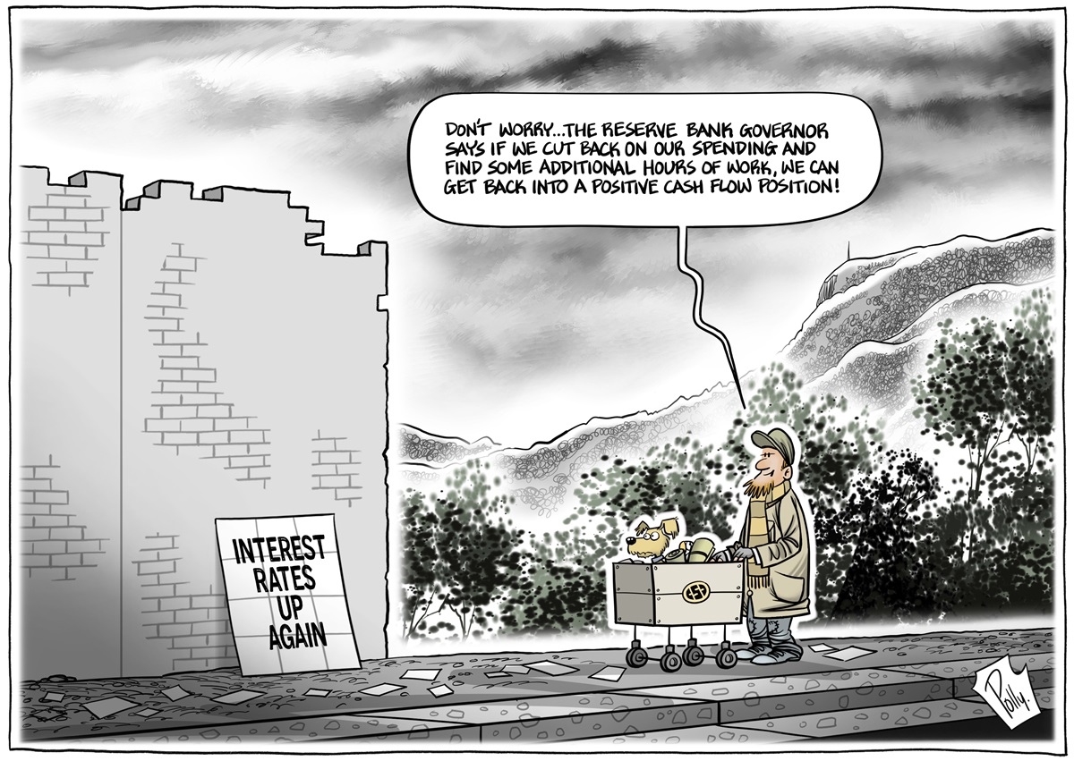 A homeless man pushing a cart says to his dog, 'Don't worry... the Reserve Bank governor says if we cut back on our spending and find some additional hours of work, we can get back into a positive cash flow position!'