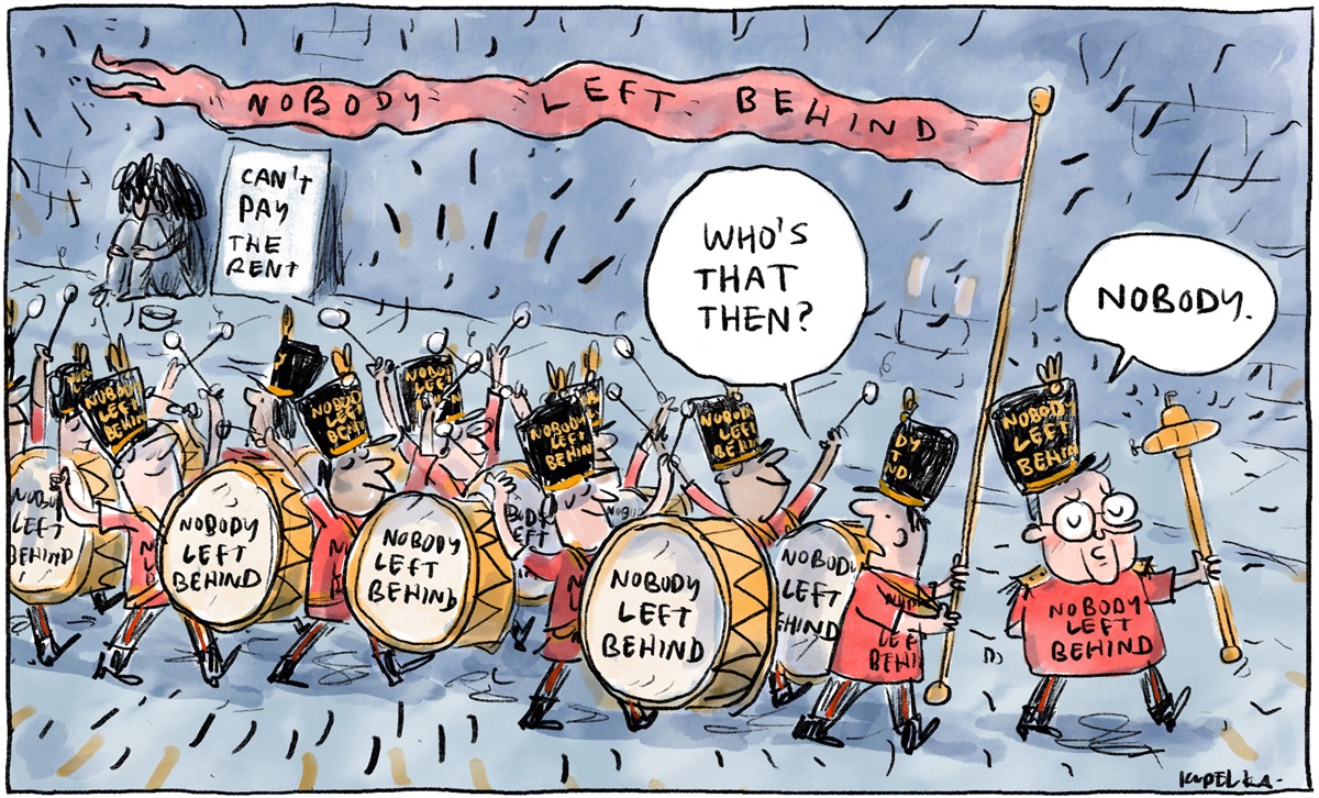 A marching band branded with the words 'Nobody left behind' passes a homeless person. One band member asks who the homeless person is, the leader replies, 'Nobody'.