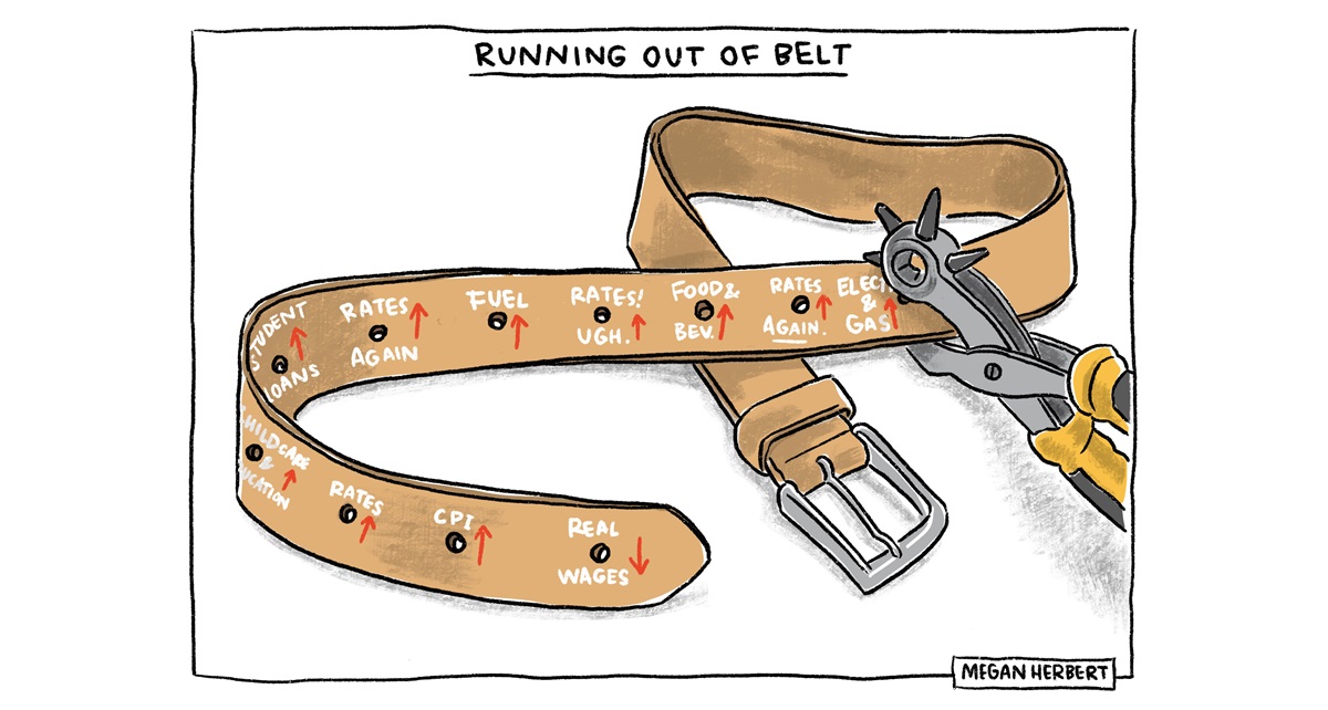 A tool punches holes into a belt, each hole is labelled with a rising cost of living. There is almost no belt left.